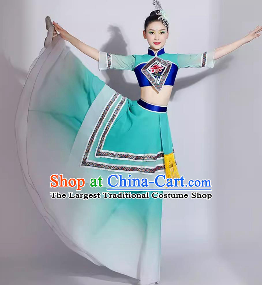 Women Group Performance Clothing Chinese Folk Dance Costume Traditional Jiaozhou Yangko Dance Green Dress