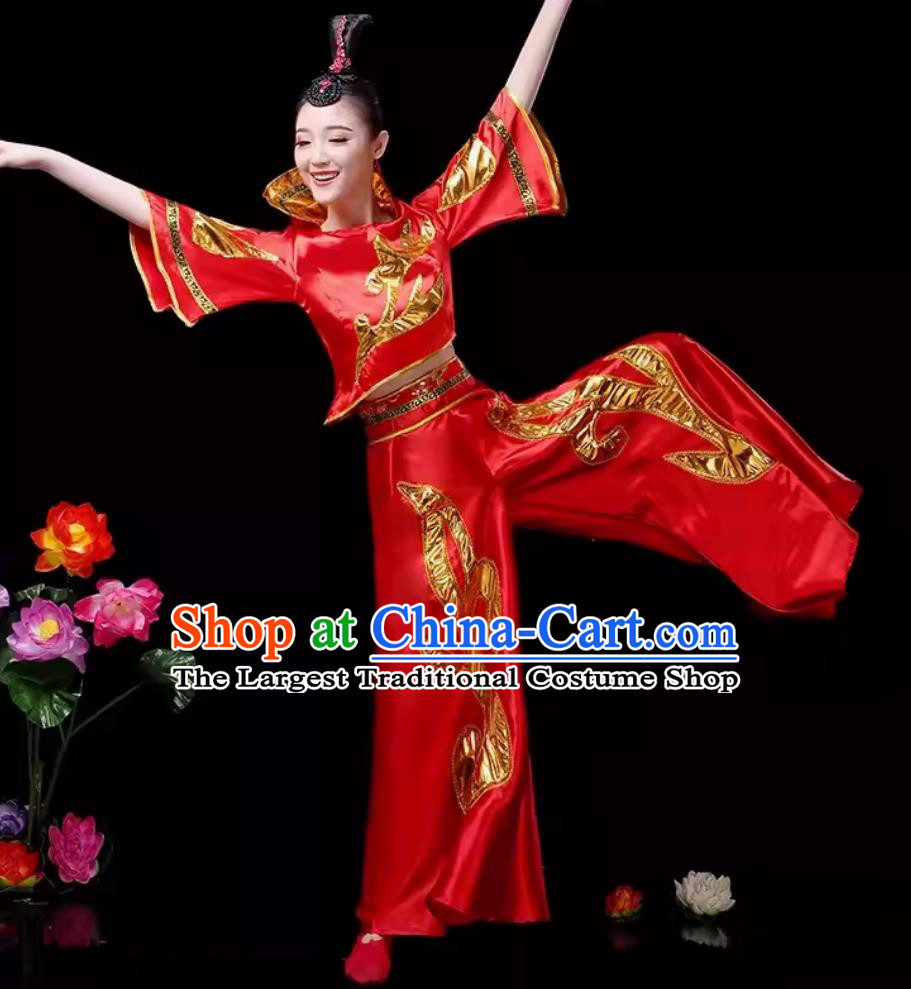 Women Group Yangko Performance Clothing Chinese Folk Dance Costume Traditional Drum Dance Red Outfit