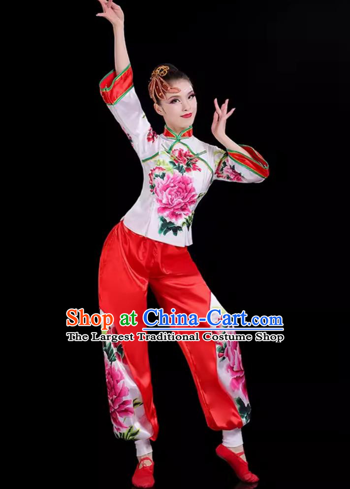 Chinese Folk Dance Costume Traditional Fan Dance Peony Printed Outfit Yangko Dance Women Group Performance Clothing