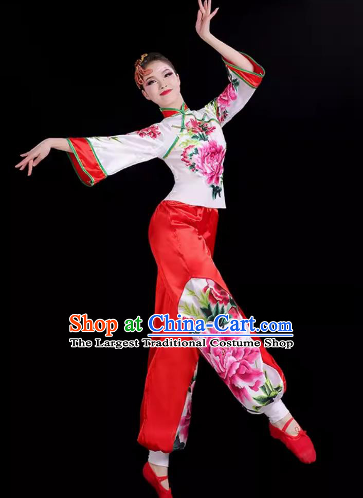 Chinese Folk Dance Costume Traditional Fan Dance Peony Printed Outfit Yangko Dance Women Group Performance Clothing