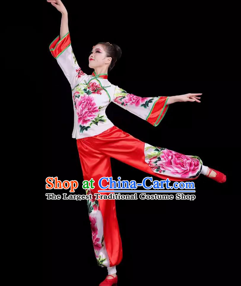 Chinese Folk Dance Costume Traditional Fan Dance Peony Printed Outfit Yangko Dance Women Group Performance Clothing