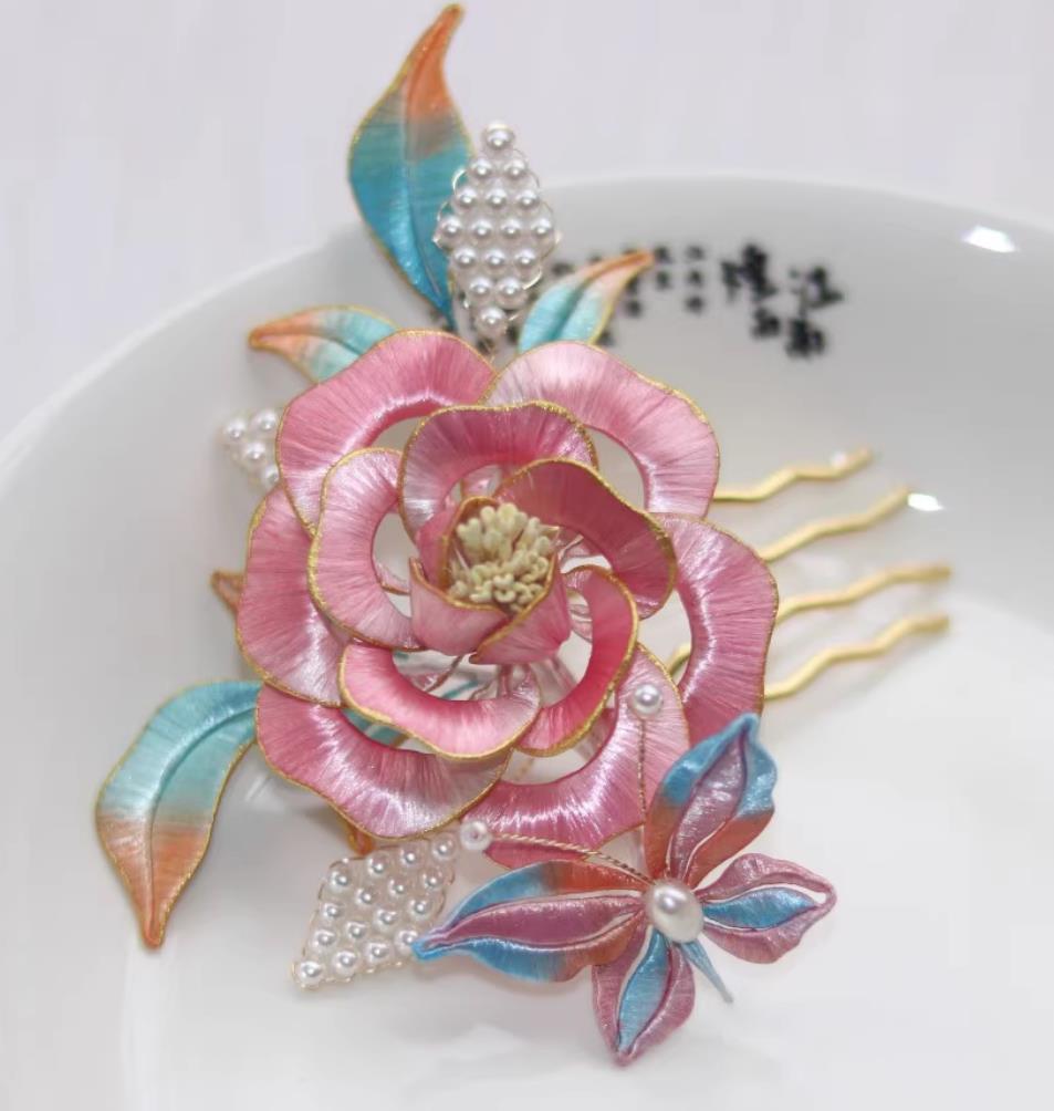 Handmade Intangible Cultural Heritage Pink Silk Peony Hair Comb Traditional Chinese Ming Dynasty Hairpin China Hanfu Hair Jewelry