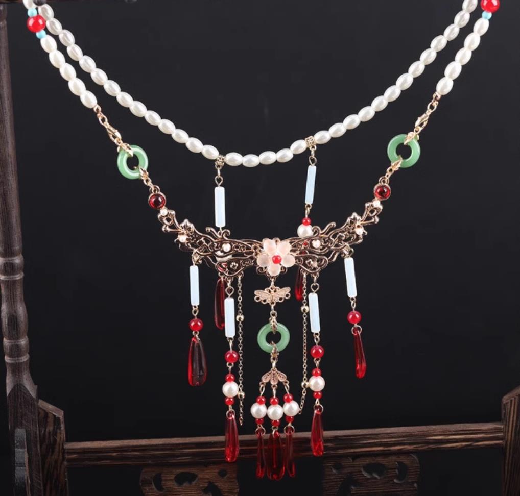 Handmade Ancient Princess Necklace Traditional Chinese Ming Dynasty Necklet China Hanfu Hair Jewelry