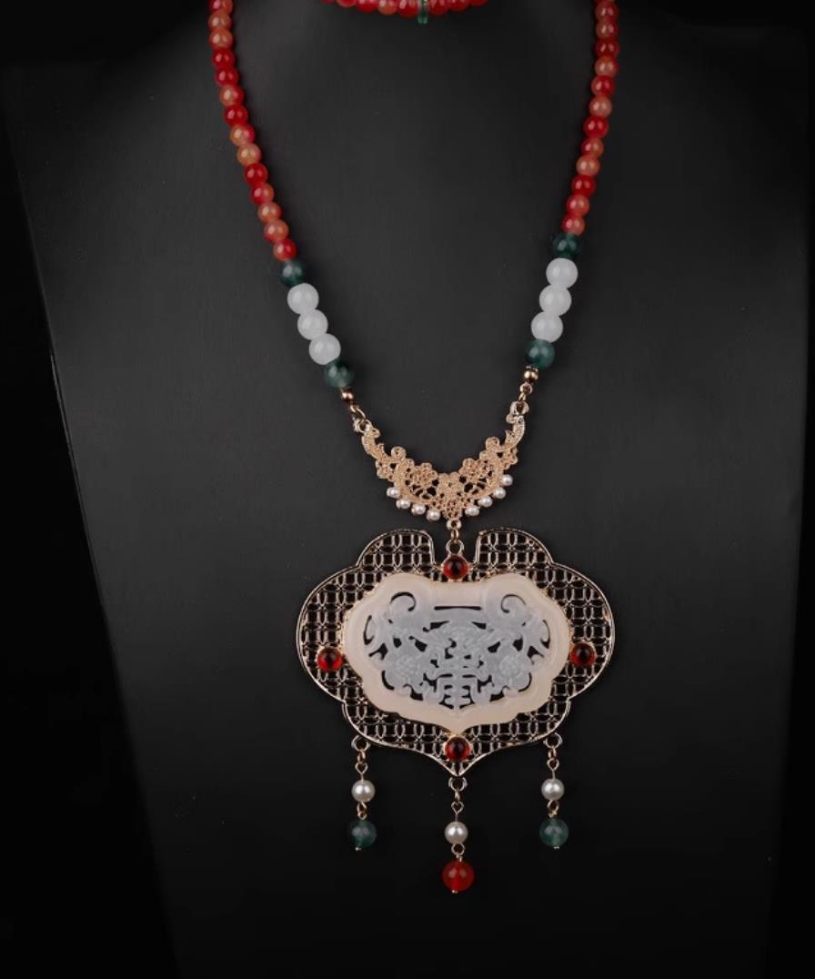 China Hanfu Jewelry Handmade Ancient Princess Necklace Traditional Chinese Ming Dynasty Jade Necklet