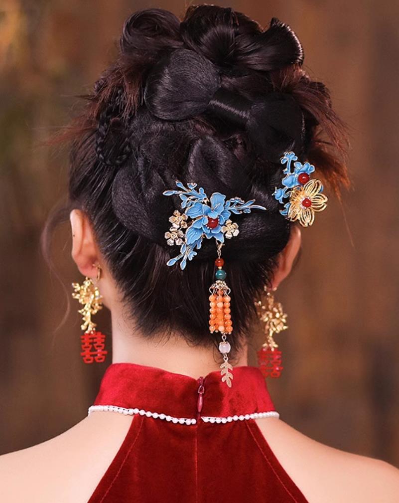 Handmade Bride Hair Accessories and Earrings Traditional Chinese Wedding Headpieces China Cheongsam Hair Jewelries