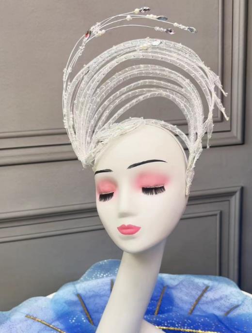 China Opening Dance Headdress Handmade White Sequins Hat Traditional Stage Performance Hair Jewelry