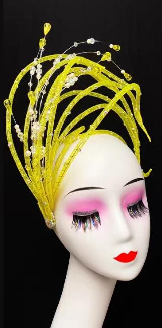 China Opening Dance Headdress Handmade Modern Dance Yellow Sequins Hat Traditional Stage Performance Hair Jewelry