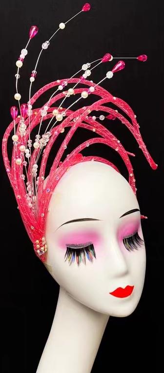 Traditional Stage Performance Hair Jewelry China Opening Dance Headdress Handmade Modern Dance Rosy Sequins Hat
