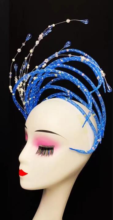 Top Stage Performance Hair Jewelry China Opening Dance Headdress Handmade Modern Dance Royal Blue Sequins Hat