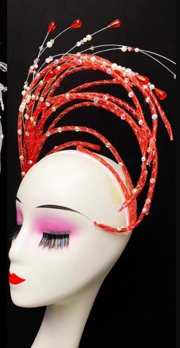 Handmade Modern Dance Red Sequins Hat Top Stage Performance Hair Jewelry China Opening Dance Headdress
