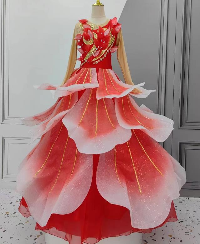 Women Group Stage Performance Costume Chinese Spring Festival Gala Opening Dance Red Flower Petal Clothing Classical Dance Dress