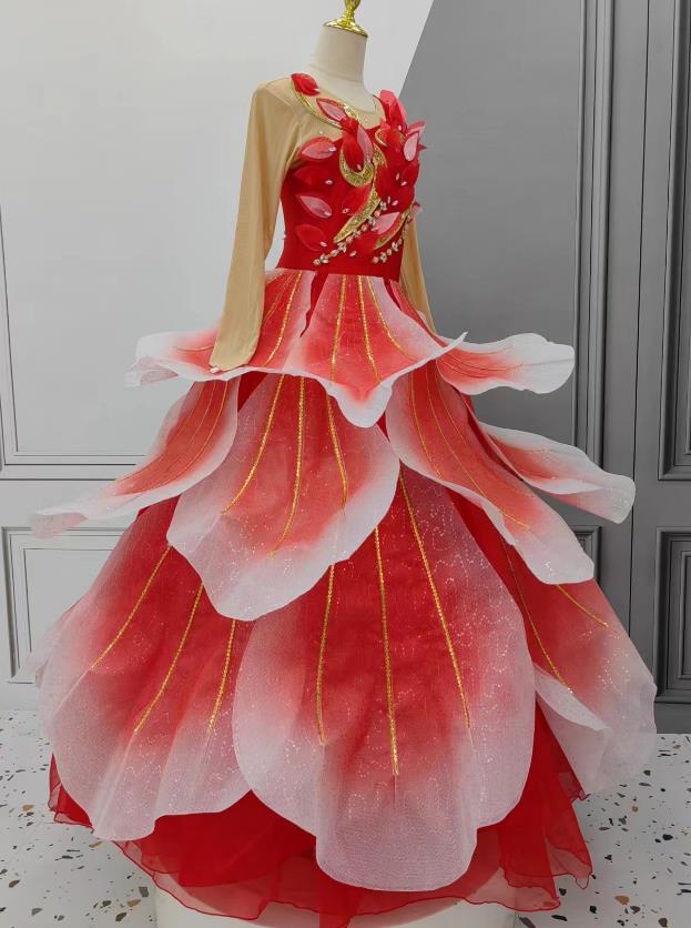 Women Group Stage Performance Costume Chinese Spring Festival Gala Opening Dance Red Flower Petal Clothing Classical Dance Dress