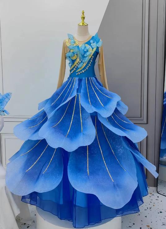 China Classical Dance Dress Women Group Stage Performance Costume Chinese Spring Festival Gala Opening Dance Royal Blue Flower Petal Clothing