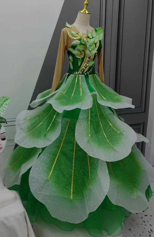Women Group Stage Performance Costume Chinese Spring Festival Gala Opening Dance Green Flower Petal Clothing China Classical Dance Dress