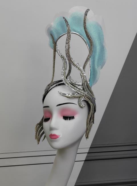 Top Stage Performance Headdress China Opening Dance Light Blue Hat Handmade Classical Dance Headwear