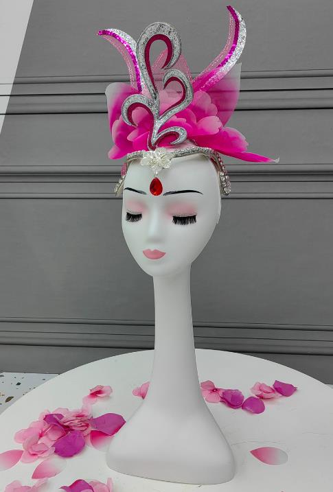 China Opening Dance Pink Peony Hat Handmade Classical Dance Headwear Woman Stage Performance Headdress