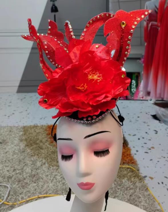 Top Stage Performance Headwear Handmade Classical Dance Red Peony Hat Chinese Opening Dance Hair Jewelry
