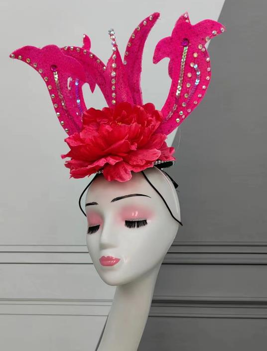 Chinese Opening Dance Hair Jewelry Top Stage Performance Headwear Handmade Classical Dance Pink Peony Hat
