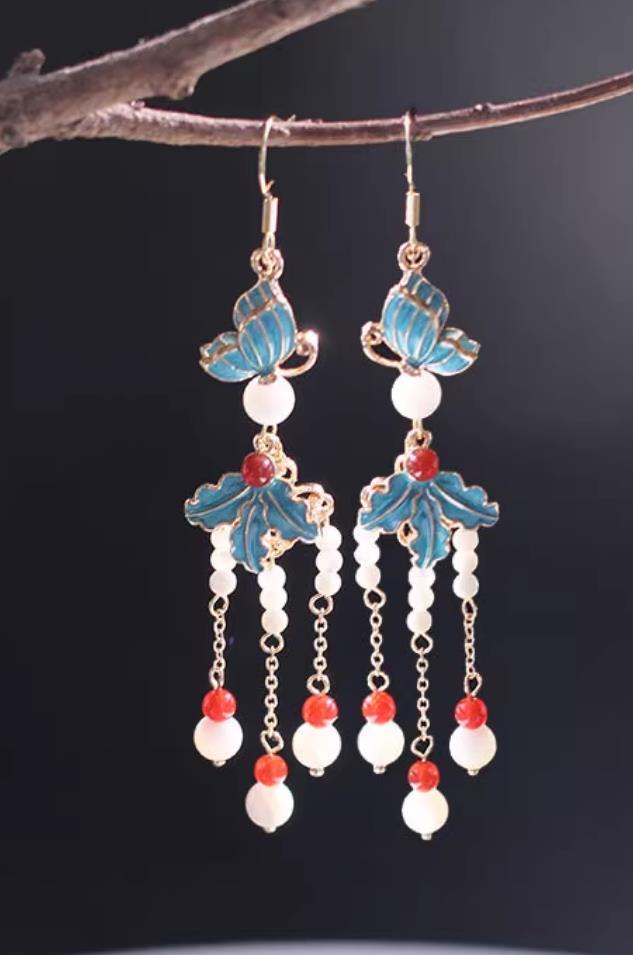 Ancient China Empress Earrings Traditional Ming Dynasty Cloisonn Butterfly Eardrops Chinese Hanfu Tassel Ear Jewelries