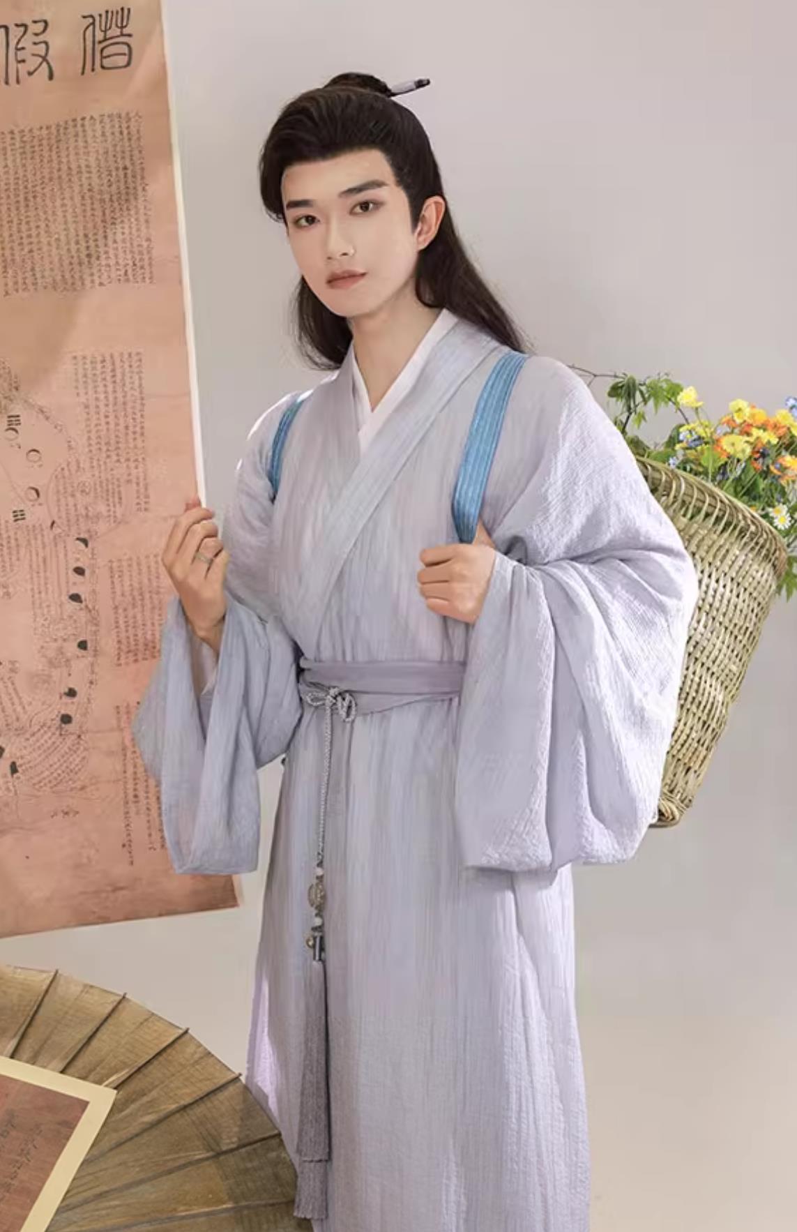 Ancient China Young Man Clothing Traditional Male Hanfu Chinese Song Dynasty Scholar Grey Long Robe