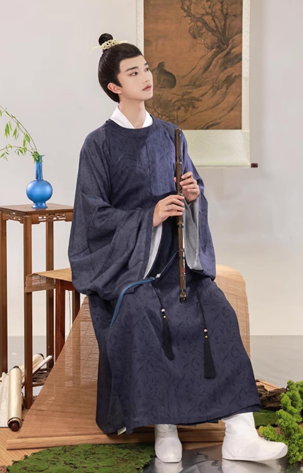 Chinese Song Dynasty Scholar Dark Blue Ramie Long Robe Ancient China Young Childe Clothing Traditional Male Hanfu