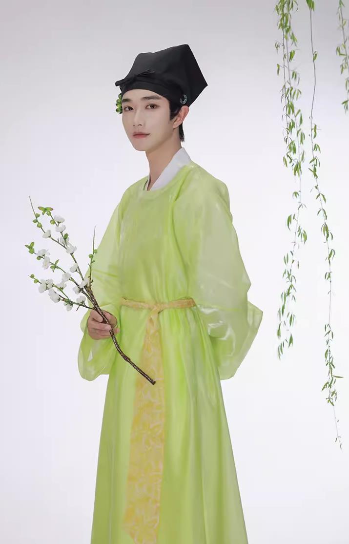 China Traditional Male Hanfu Chinese Song Dynasty Scholar Light Green Robe Ancient China Young Childe Clothing