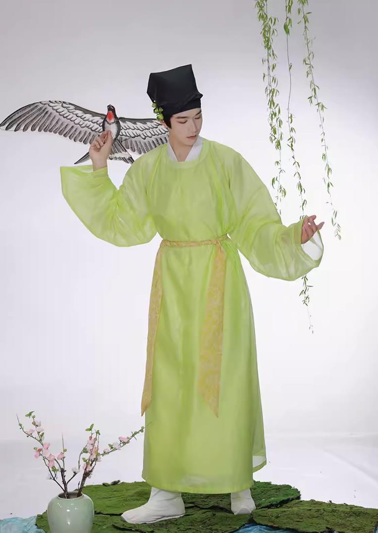China Traditional Male Hanfu Chinese Song Dynasty Scholar Light Green Robe Ancient China Young Childe Clothing