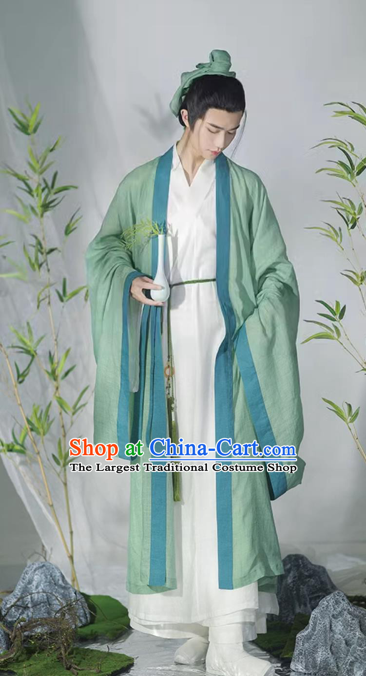 Chinese Song Dynasty Scholar Costumes Ancient China Young Childe Clothing China Traditional Hanfu Green Cape and White Robe Complete Set