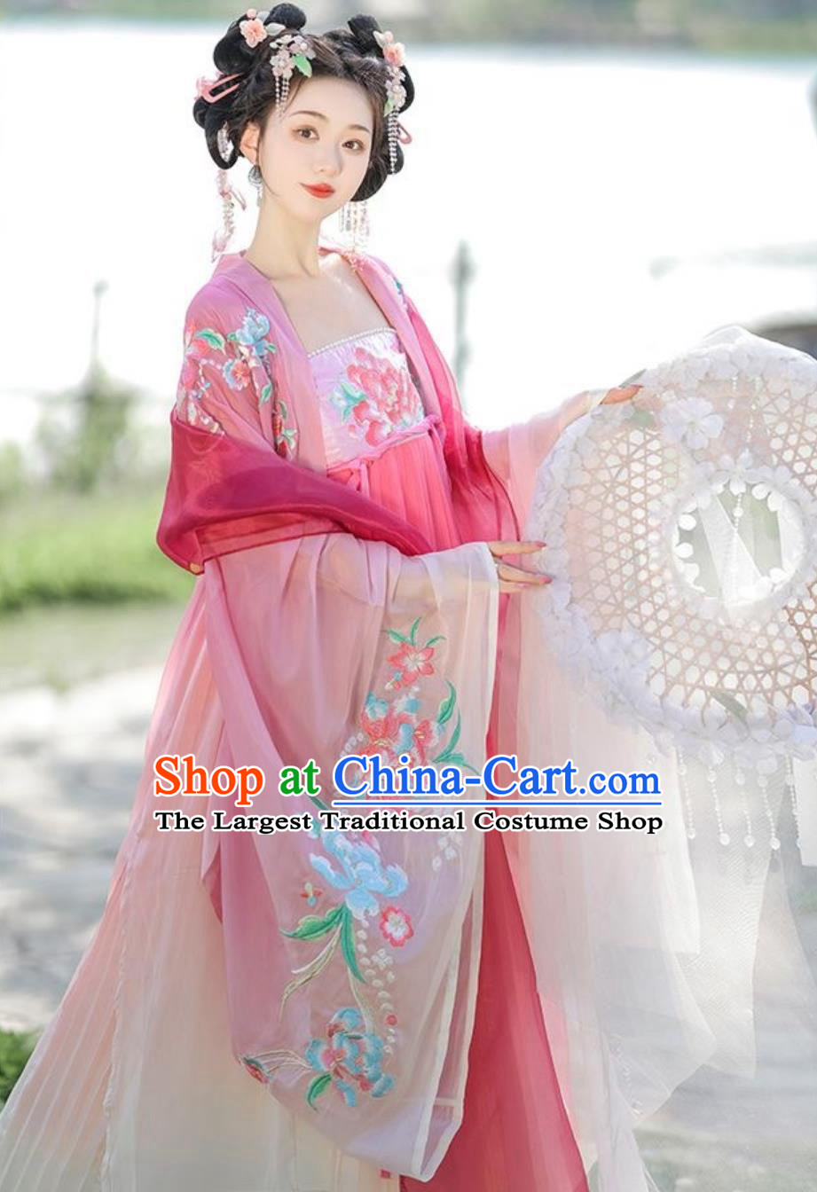 Chinese Tang Dynasty Royal Princess Costume Ancient China Woman Clothing Traditional Hanfu Pink Hezi Dress Complete Set
