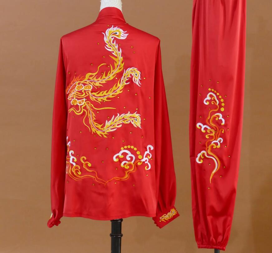 Top Phoenix Embroidery Tai Chi Red Uniform Taiji Chuan Training Suit Kung Fu Costume Martial Arts Clothing
