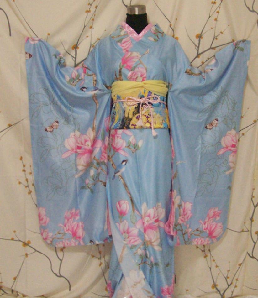 Japan Traditional Furisode Kimono Cosplay Japanese Geisha Clothing Women Blue Formal Costume