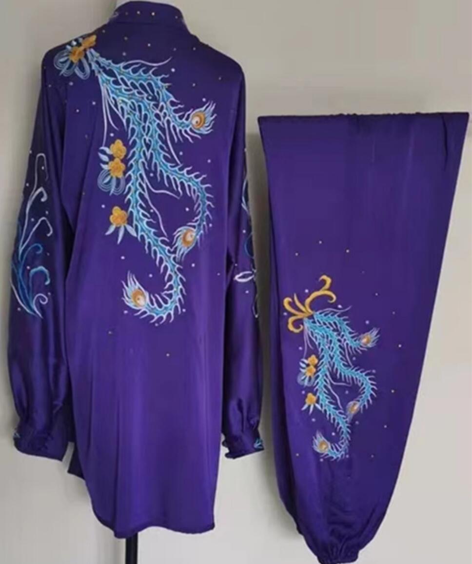 China Tai Chi Tournament Suit Female Tai Ji Training Clothing Martial Arts Embroidered Phoenix Purple Uniform