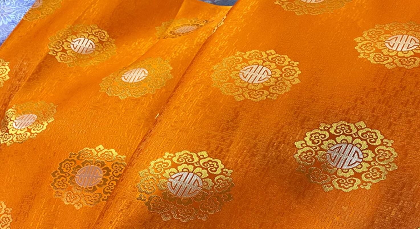 Asian Traditional Satin Material Chinese Royal Lucky Pattern Design Orange Brocade Fabric Tibetan Robe Cloth