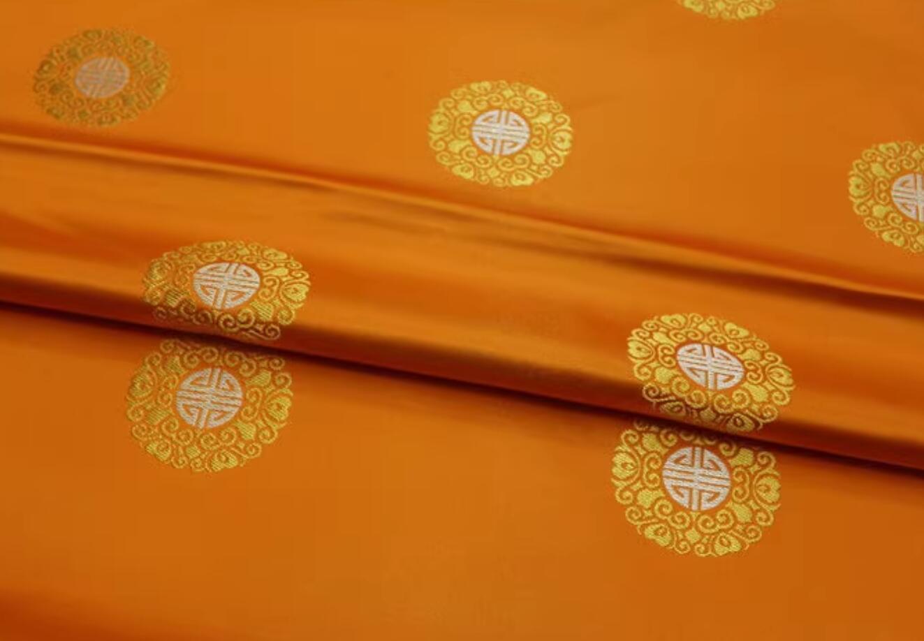 Tibetan Robe Cloth Asian Traditional Satin Material Chinese Royal Lucky Pattern Design Orange Brocade Fabric