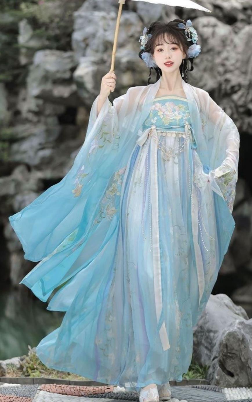 Traditional Blue Hanfu Ruqun Chinese Tang Dynasty Princess Dress Ancient China Young Woman Clothing