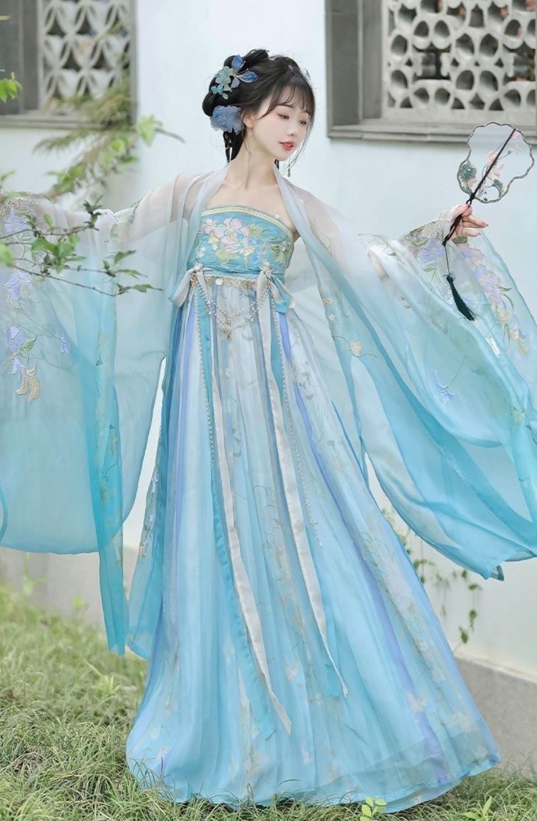 Traditional Blue Hanfu Ruqun Chinese Tang Dynasty Princess Dress Ancient China Young Woman Clothing