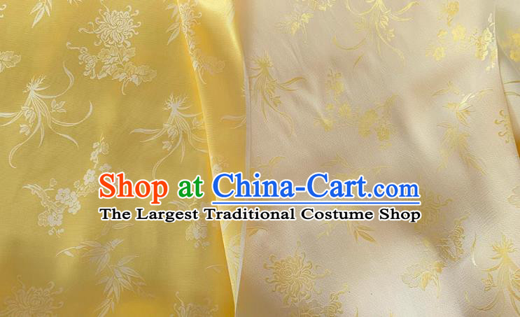 Light Yellow China Classical Plum Blossoms Orchid Bamboo Chrysanthemum Pattern Jacquard Material Chinese Traditional Qipao Fabric Cheongsam Mulberry Silk Cloth