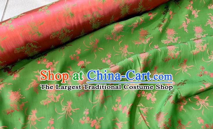 Deep Green Chinese Classical Plum Blossoms Orchid Bamboo Chrysanthemum Pattern Jacquard Material Traditional Cheongsam Fabric China Mulberry Silk Cloth