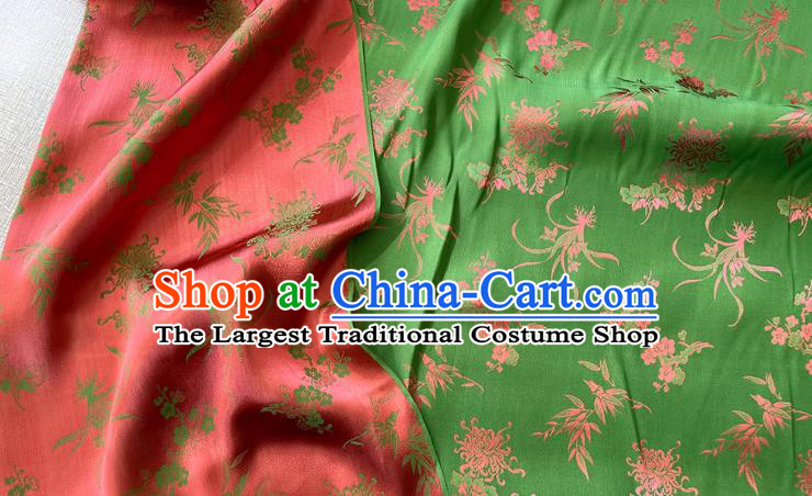 Deep Green Chinese Classical Plum Blossoms Orchid Bamboo Chrysanthemum Pattern Jacquard Material Traditional Cheongsam Fabric China Mulberry Silk Cloth