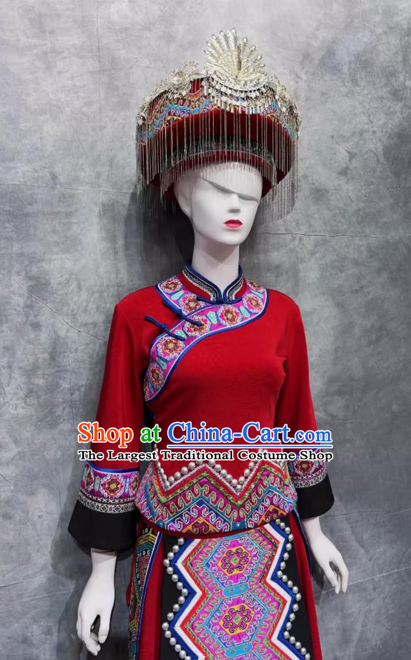 Chinese Tujia Ethnic Clothing National Minority Wedding Costume China Stage Performance Red Outfit