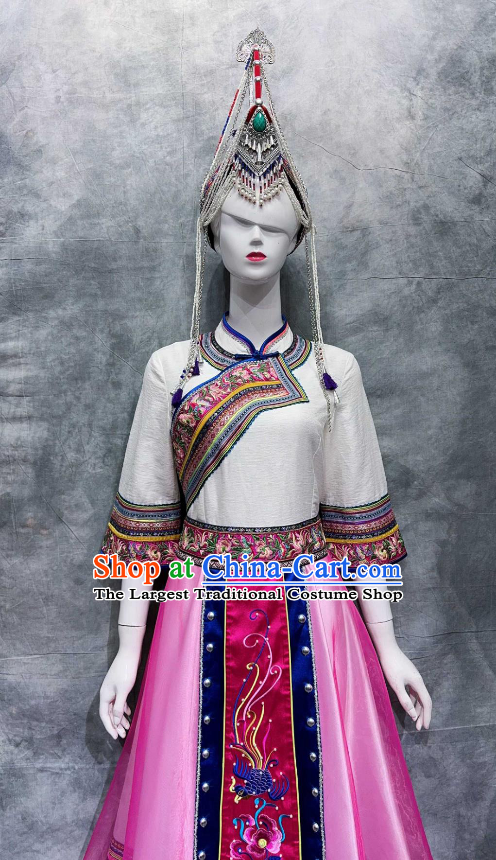 Chinese She Ethnic Woman Clothing China National Minority White Shirt and Pink Skirt March rd Stage Show Costume