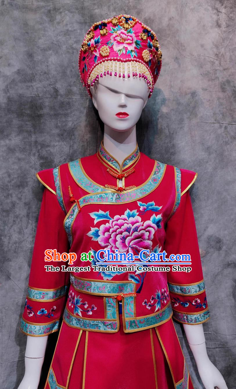 China Xibe National Minority Wedding Red Shirt and Skirt Chinese Belem Dance Costume Sibo Ethnic Woman Clothing
