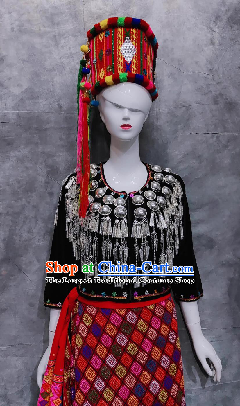 Chinese Yunnan National Minority Blouse and Skirt Chingpo Woman Dance Performance Costume China Jingpo Ethnic Clothing Complete Set