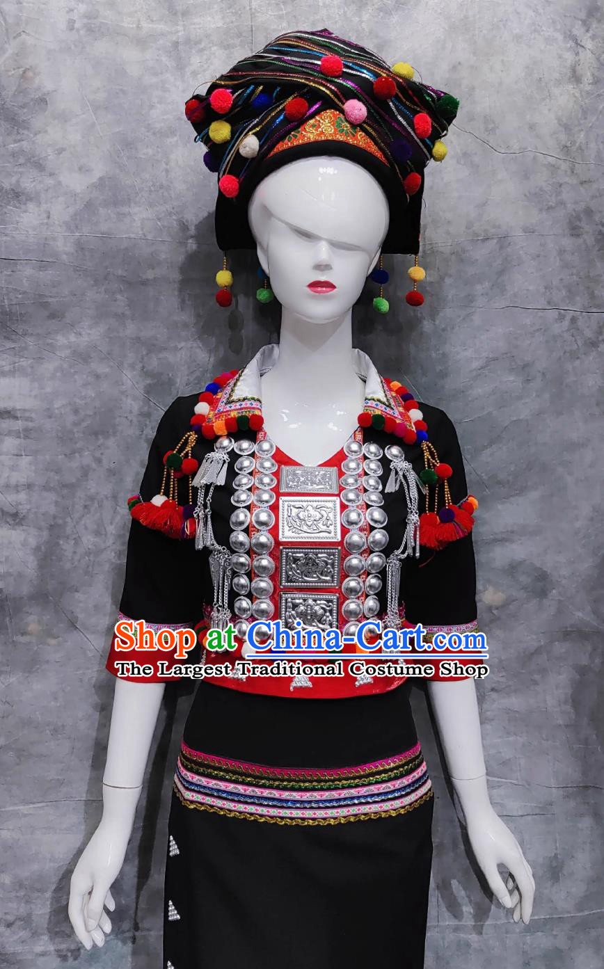 China Deang Ethnic Clothing Chinese Yunnan National Minority Blouse and Skirt De Ang Woman Dance Performance Costume Complete Set