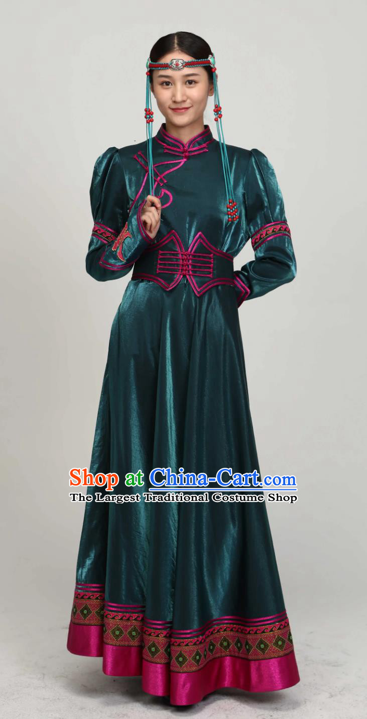 China Moggol National Minority Green Dress Mongolian Stage Show Costume Chinese Ethnic Woman Clothing