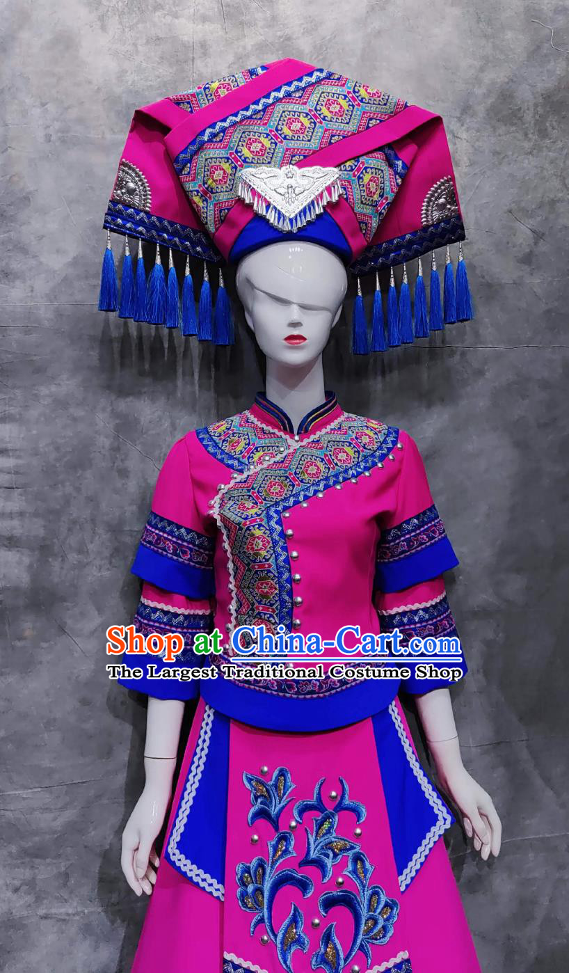 Chinese Guangxi March rd Woman Solo Costume Zhuang Ethnic Festival Clothing China National Minority Rosy Dress
