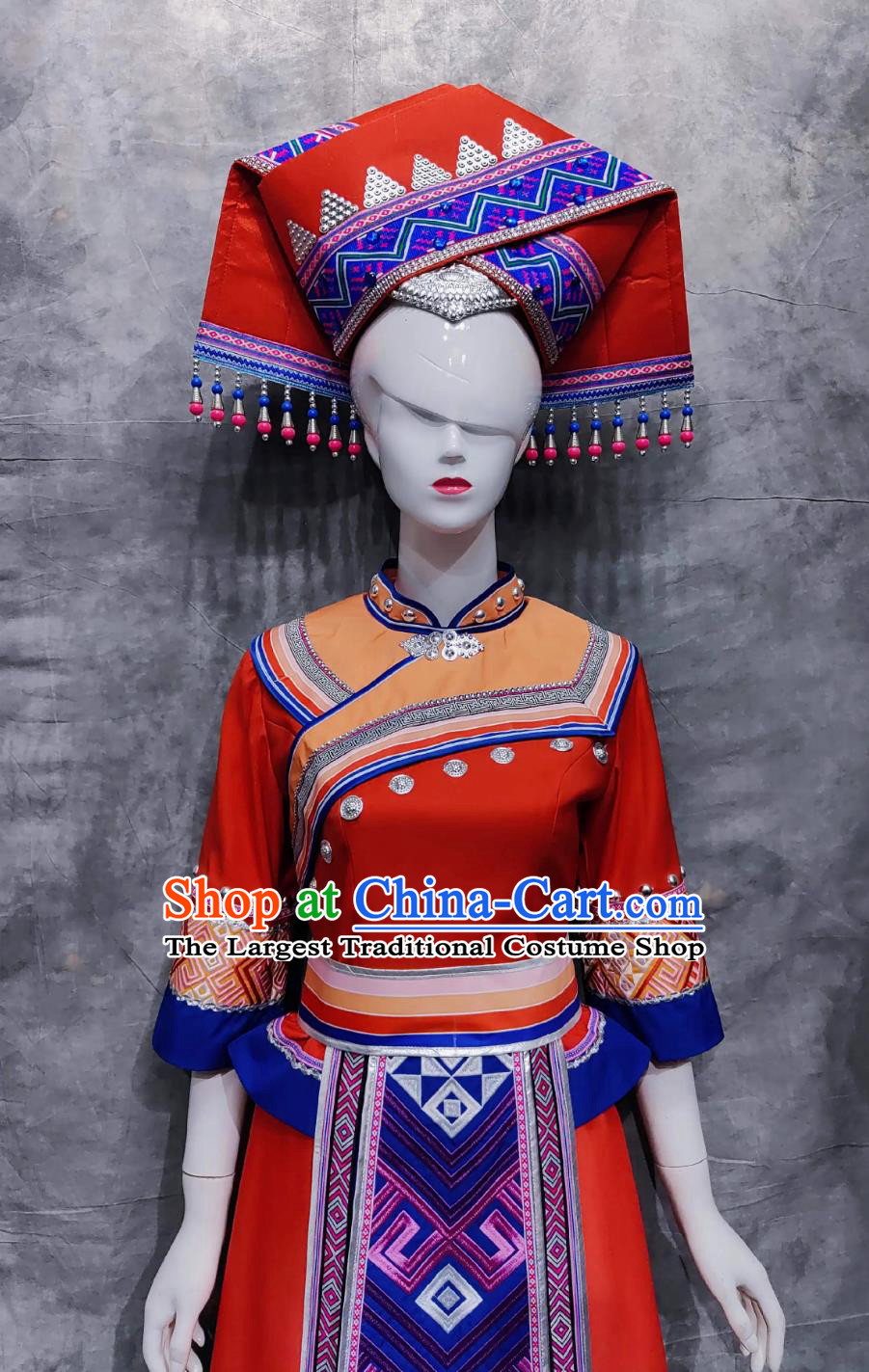 China Zhuang Ethnic Festival Clothing National Minority Dance Red Dress Chinese Guangxi March rd Woman Solo Costume