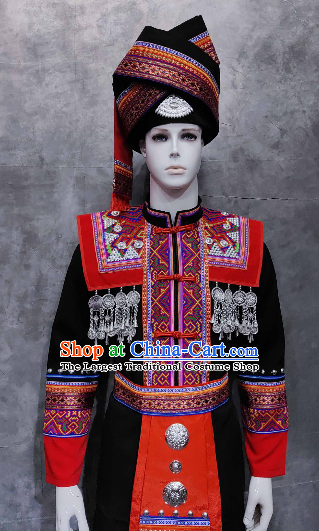 Chinese Guangxi National Minority Male Black Outfit Traditional March rd Festival Costume China Zhuang Ethnic Folk Dance Clothing