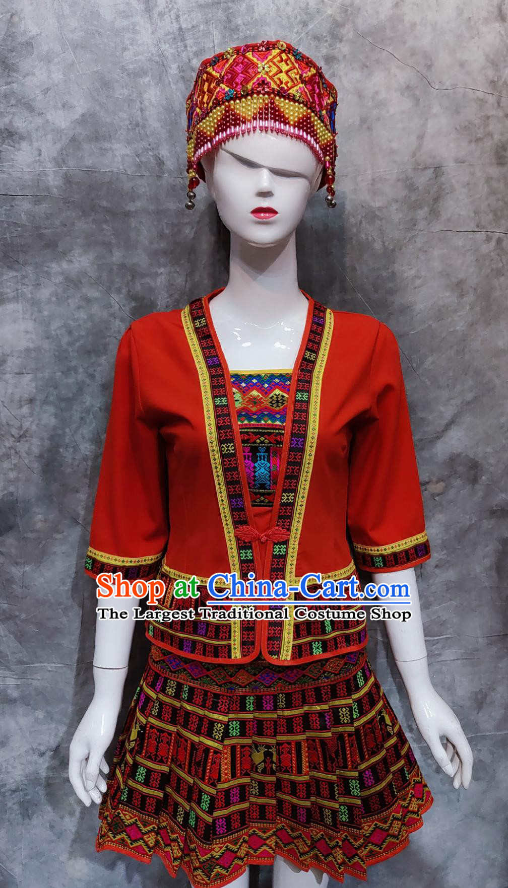 Chinese Li Ethnic Woman Clothing Hainan National Minority Dance Red Outfit China Folk Dance Costume