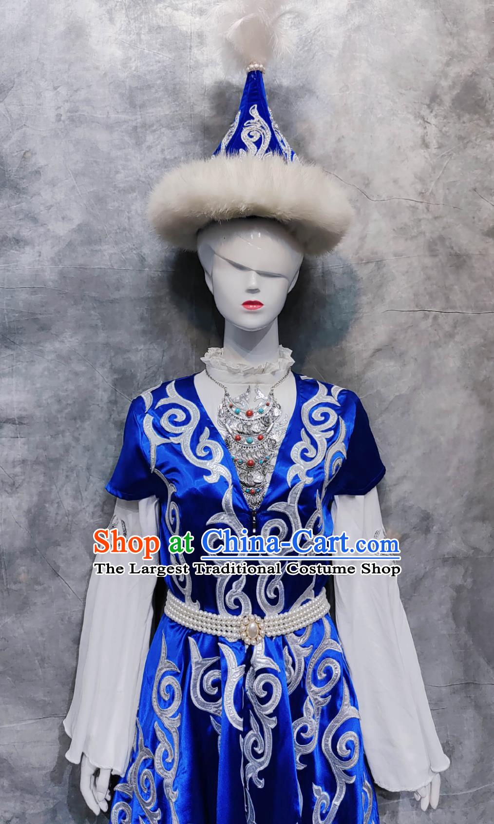 China Xinjiang Kyrgyz Folk Dance Costume Chinese Ethnic Woman Festival Clothing Kirgiz National Minority Stage Performance Blue Dress